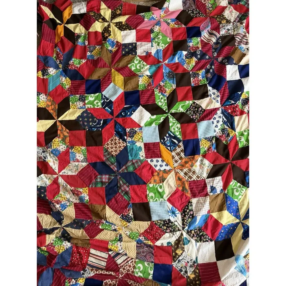 VINTAGE CRAZY QUILT TOP Kaleidoscope 8 Point Star COLORFUL Quilt OOAK Hand Sewn